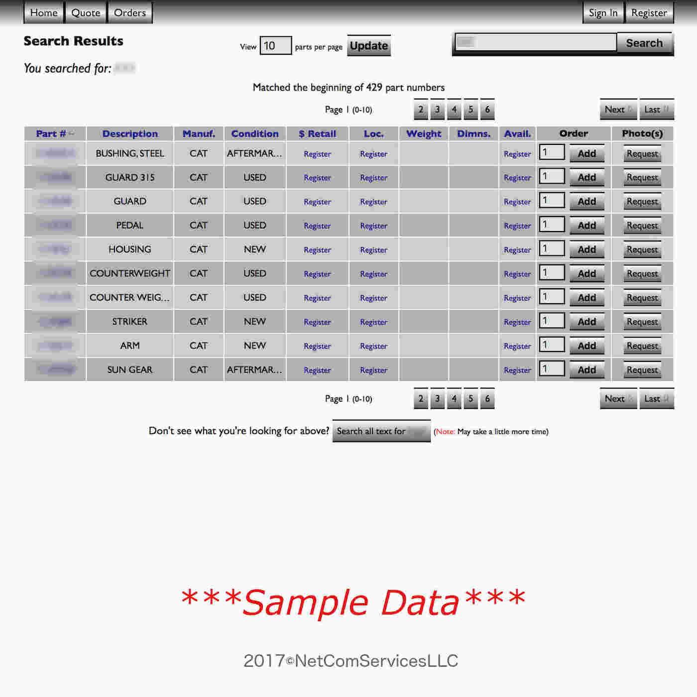 Customer searches for parts results example 1