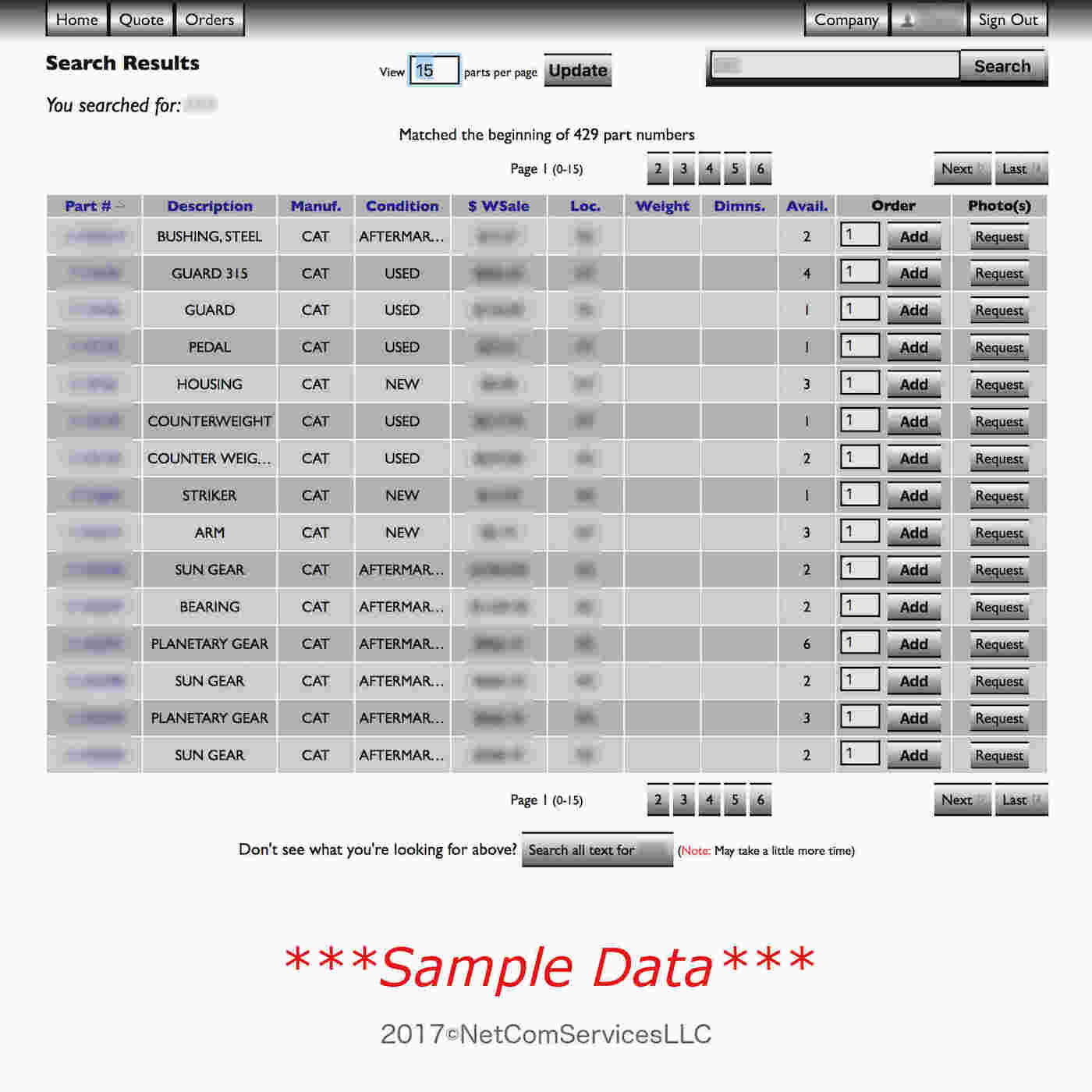 Customer searches for parts results example 2